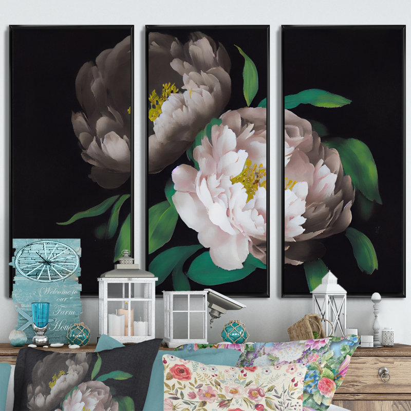 Pivoine blanche sur fond noir III - Pivoine blanche sur fond noir III - 3 pièces, reproduction sur toile, Cadre noir