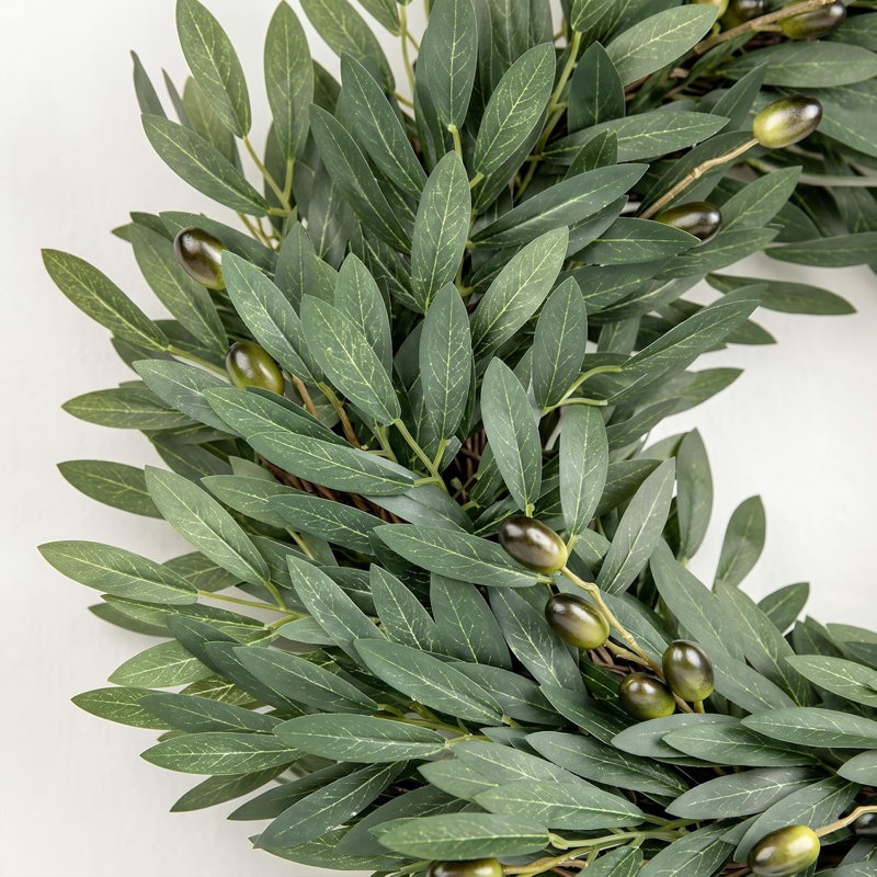 Couronne de 20 po olive pour décoration de porte d'entrée - Couronne de printemps et d'été avec base en fausse vigne - Décoration de porte de campagne rustique