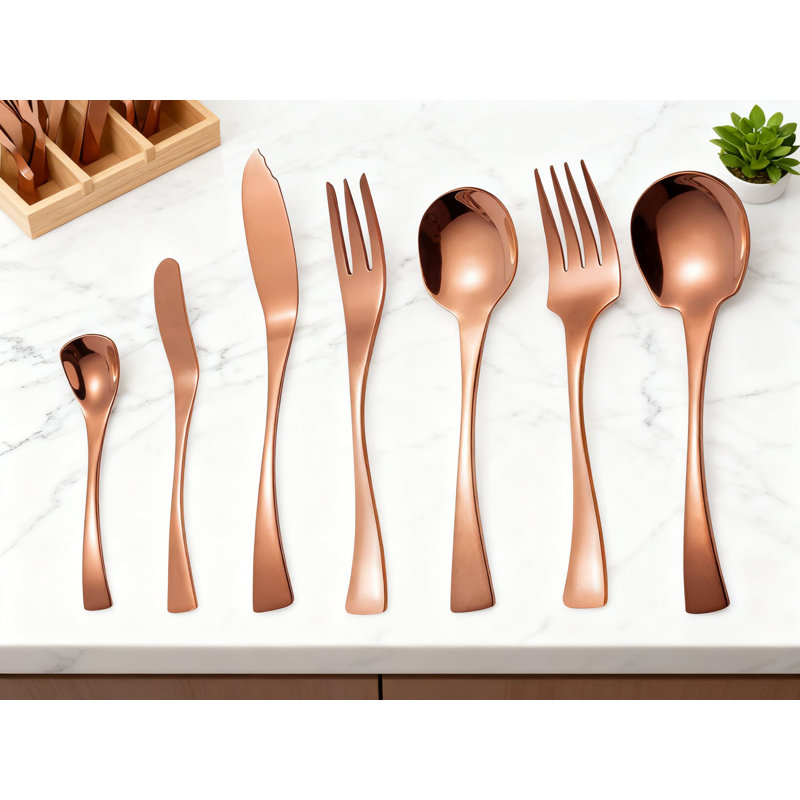 Ensemble d'ustensiles de qualité supérieure en or rose - Ensemble de couverts en acier inoxydable 7 pièces pour un repas élégant
