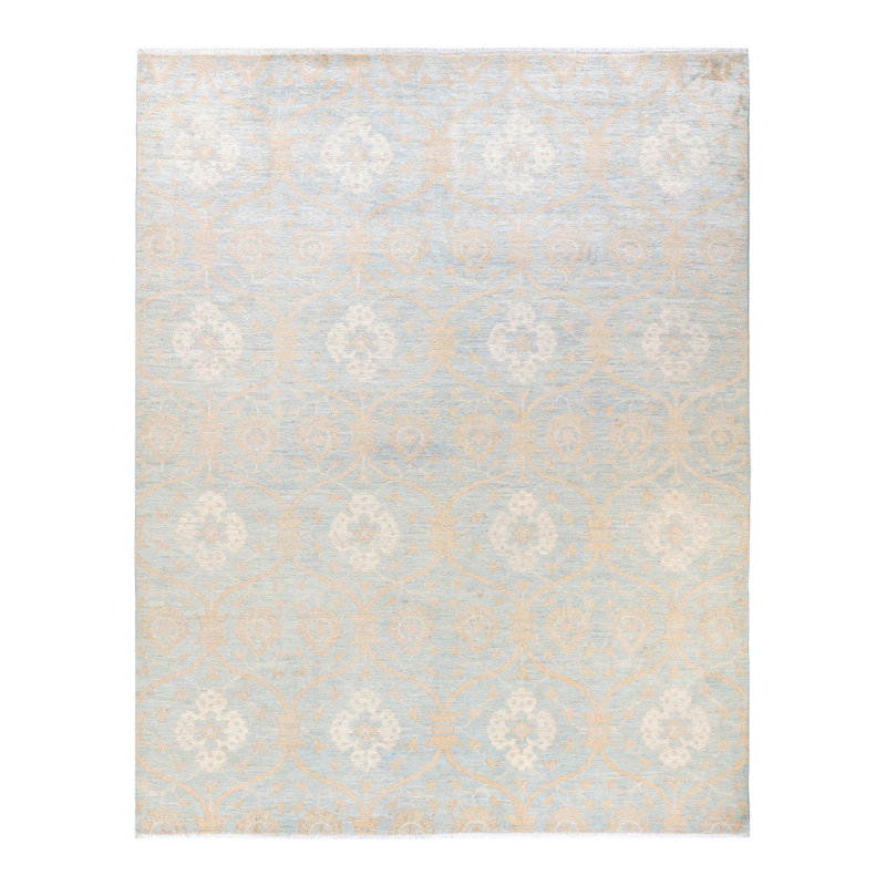 Tapis bleu clair / beige en laine noué à la main de conception unique 7 pi 10 po x 10 pi 1 po New Age