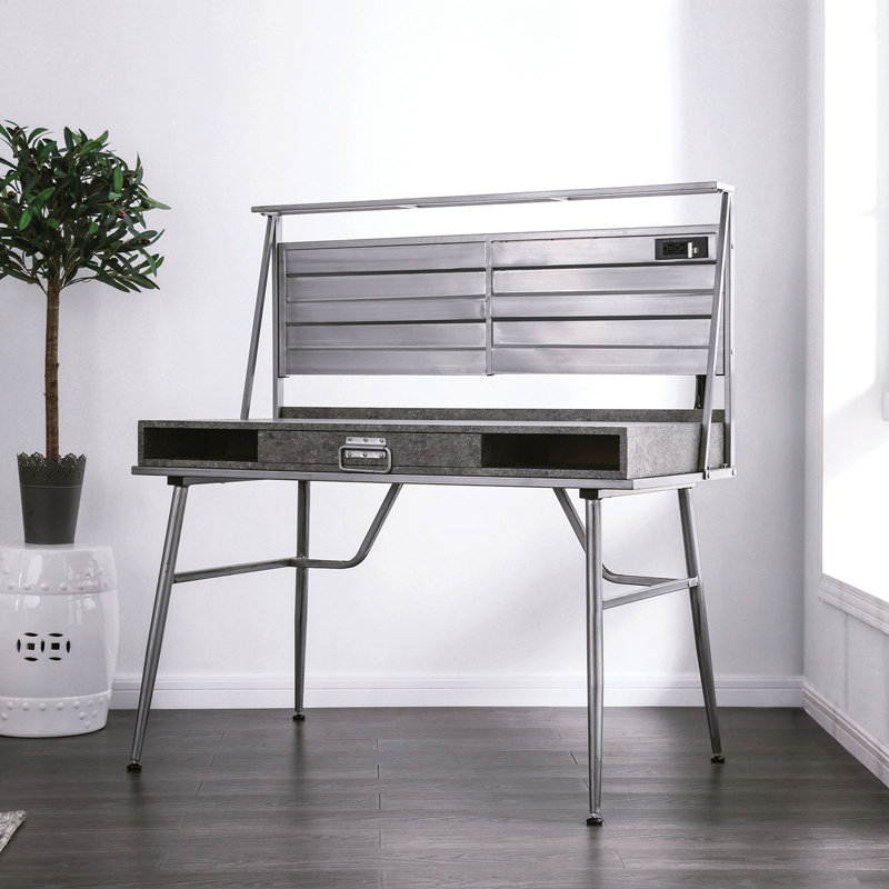 Bureau d'ordinateur moderne moderne avec port USB, un tiroir et deux tablettes avec pieds en métal