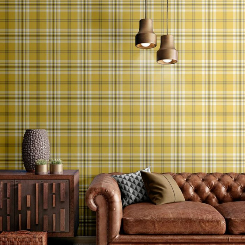 Elta Kelso Check 10.05m x 53cm Matte Wallpaper Roll, Ochre/White