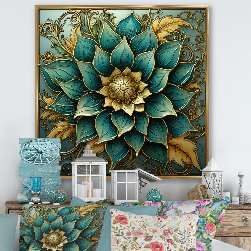 Mandala de fleur antique antique en sarcelle rétro - Boho Mandala, art mural sur toile, H 30 po x l 30 po x P 1 po