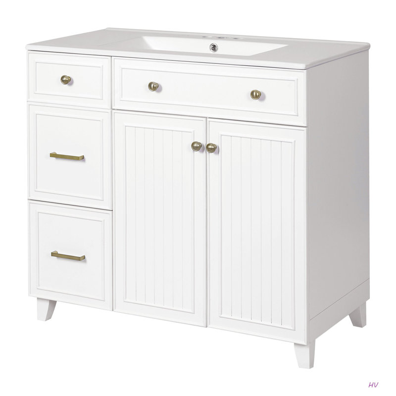 Meuble-lavabo de 36 po avec lavabo en céramique, tiroirs standard et double couche, portes à fermeture en douceur, tablettes réglables, armoire de rangement moderne pour petites et moyennes salles de bain