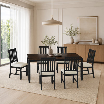 7-Piece Extendable Dining Table Set with 6 Upholstered Chairs, Solid Rubberwood Frame, Oak Wood Grain Tabletop, Slat Back Chairs, Modern Farmhouse Kit