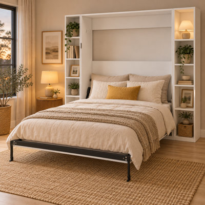 Lit escamotable Foldelune Queen avec deux rangements latéraux, blanc, gain de place, structure métallique, 26 lattes en bois massif multicouches, pieds automatiques, vérin hydraulique à deux niveaux