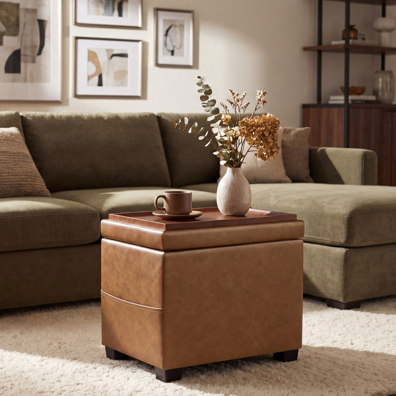 15.5"  Rectangle Faux Leather Storage Ottoman Bench, Brown