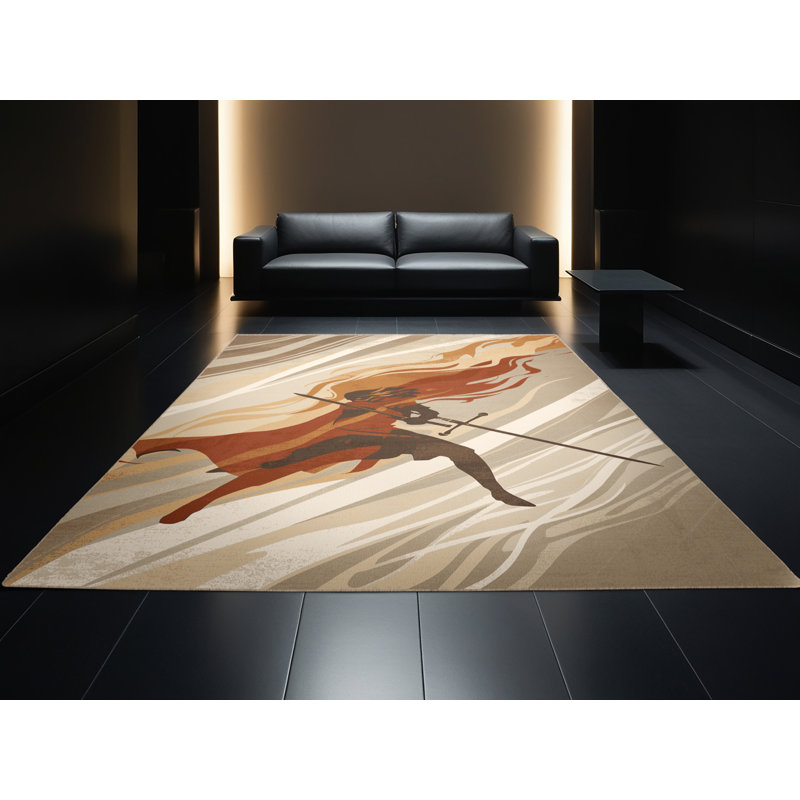 Soft Plush Durfee Fire Sword Warrior Bold & Eclectic Modern Arc Area Rug in Brown – Beige Binding, 8x10