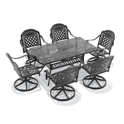 Ensemble repas d'extérieur 7 pièces rectangulaire en fonte d'aluminium avec chaises pivotantes, coussins et trou pour parasol