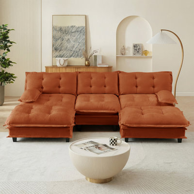107" U Shaped Modern Sofa Modular Sectional Cloud Couch with  2 Ottomans, 3-Seat Chenille Deep Seat Sofa with Comfy Lattice Decored Seat Cushion, Bedroom and Apartment, Orange