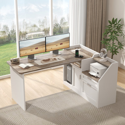 Farmhouse L Shaped Desk With Drawers, Home Office Corner Computer Desk With File Storage And Charging Station