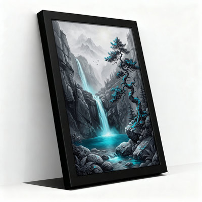 «Cyan Pine Tree Beside Waterfall In Misty Canyon», art mural sur toile