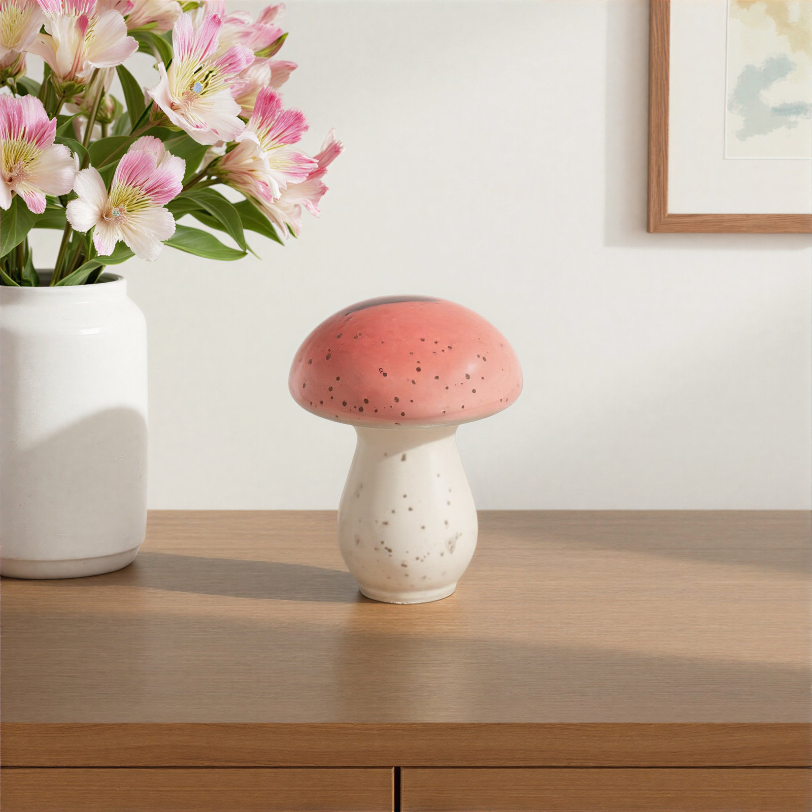 Shiny Glass Forest Mushroom, 6" H x 5" W x 5" D, White/Orange