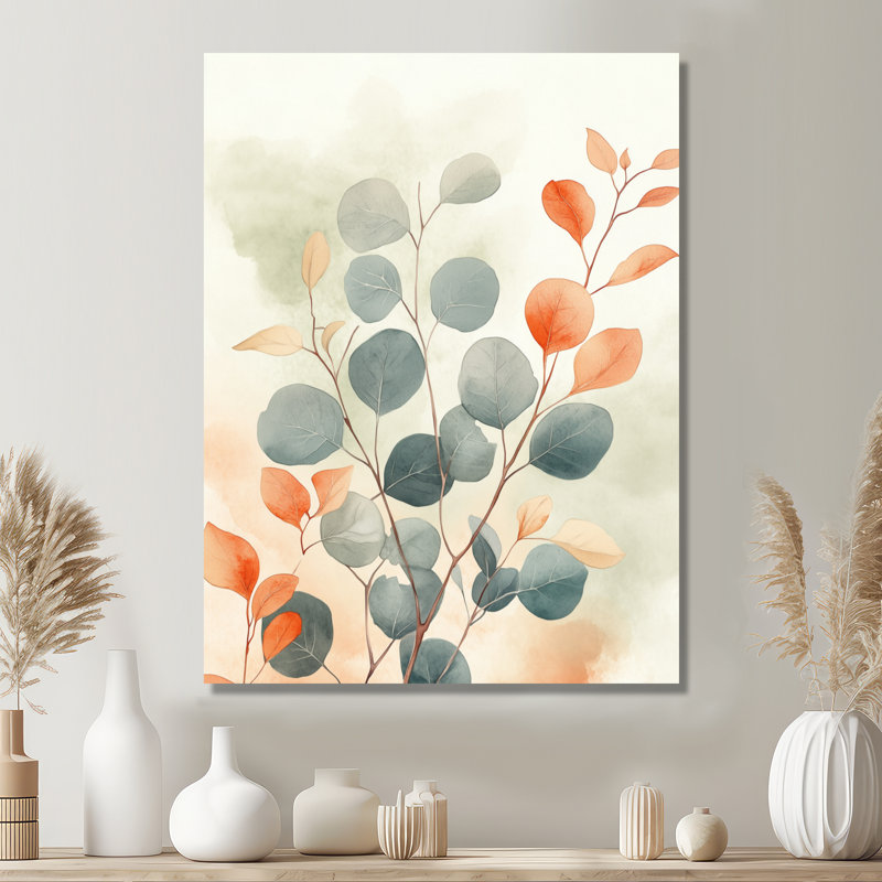 Eucalyptus et feuilles d'ambre - Impression sur toile encadrée à thème botanique, H 32 po x l 16 po, Toile tendue