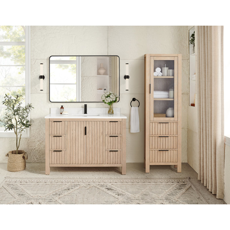 Meuble-lavabo simple 48 po avec comptoir en pierre composite blanc, Chêne naturel vieilli / noir mat