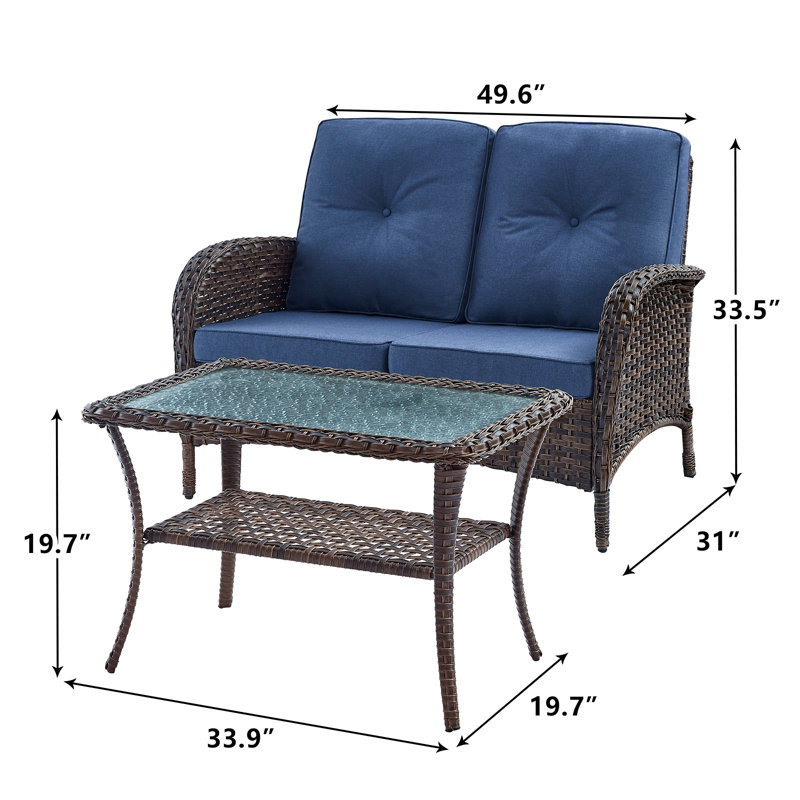 Esquer Brown Rattan Patio Loveseat with Cushions, Blue