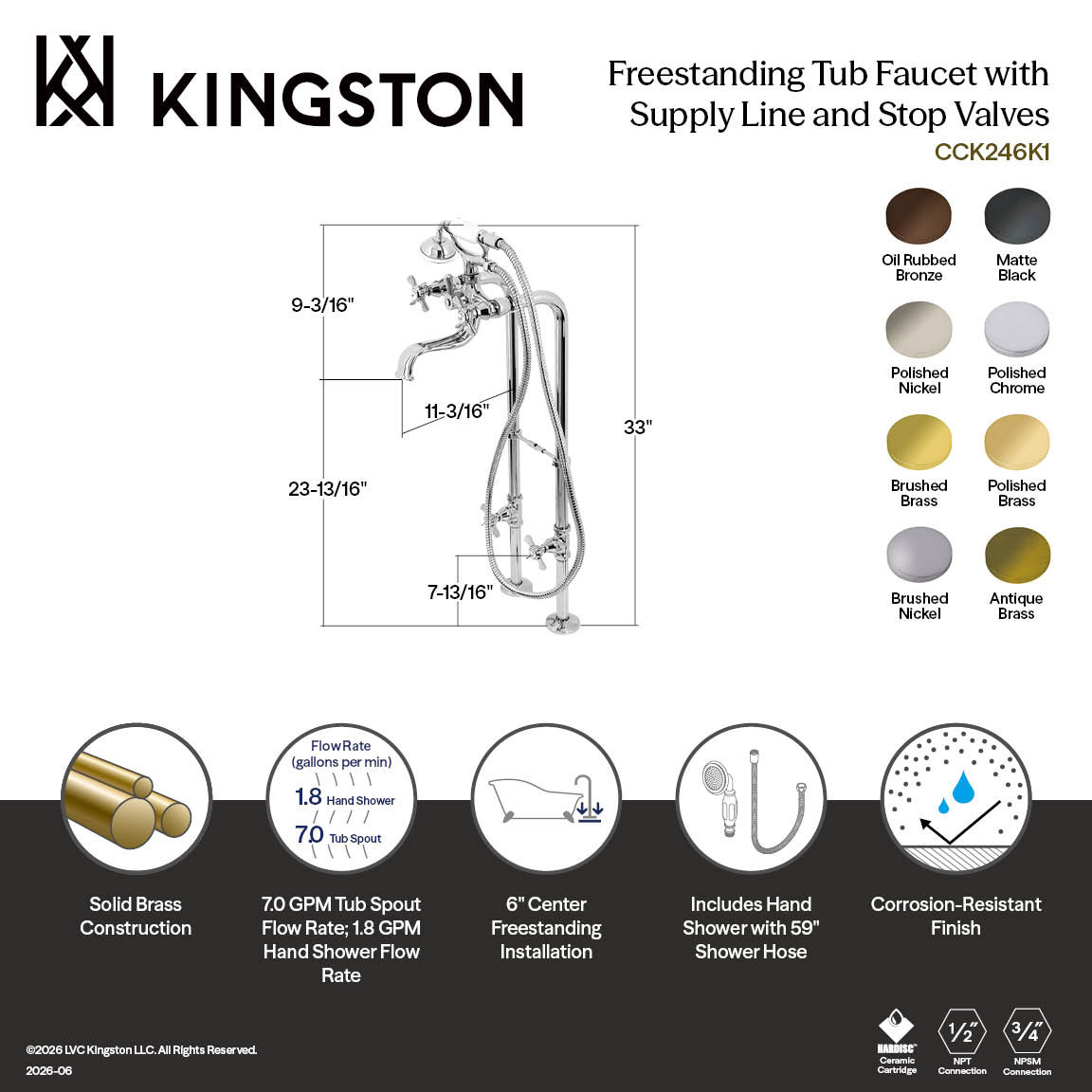 Kingston Brass Essex Three-Handle 2-Hole Freestanding Clawfoot Tub Faucet Package with Supply Line and Stop Valve