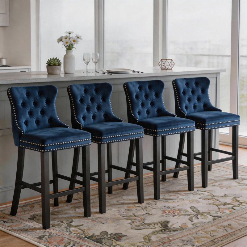 Contemporary Counter Height Velvet Bar Stools (Set of 8), Navy