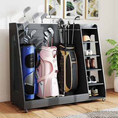 Heavy-Duty Gray Wooden Golf Bag Storage Rack With 3 Drawers, Holds 2 Stand Bags & 14+ Clubs, Mobile Golf Organizer For Balls, Shoes & Accessories, 15-Min Quick Assembly For Garage/Indoor/Outdoor