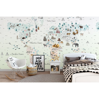 Papier peint doux avec mappemonde, Petits animaux et repères célèbres