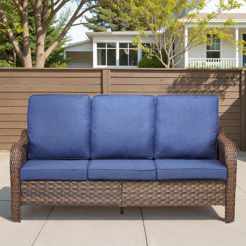 70.9-Inch 3-Seat PE Wicker Rattan Outdoor Sofa with Blue Cushions, Blue