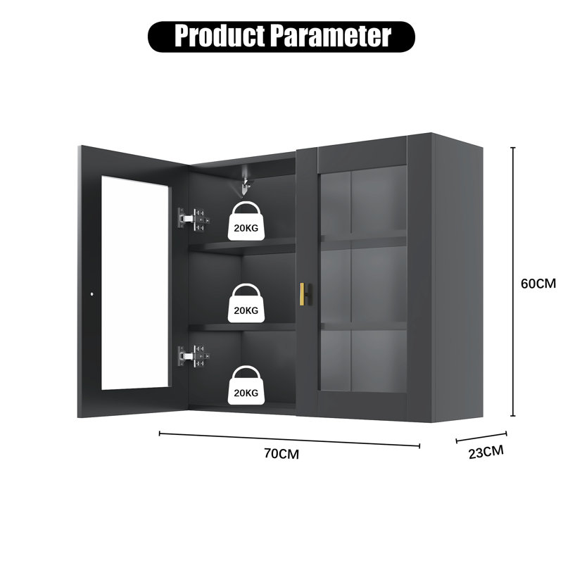 70x60cm 2 Doors Wall Mounted Cabinet, Black