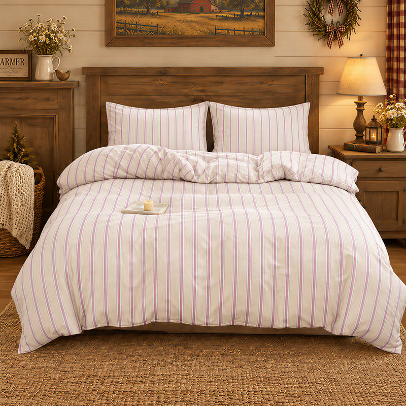 Retro Striped Duvet Cover Set, Pre-Washed Microfiber Ultra-Soft Pinstriped Comforter Cover Set, King, Retro Pink Striped