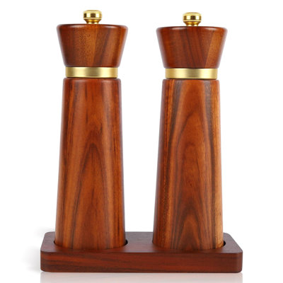 Acacia Wood Salt And Pepper Grinder Set With Adjustable Coarseness, Ceramic Grinder Mechanism, And Matching Wooden Tray - Refillable Manual Mills For Kitchen And Dining