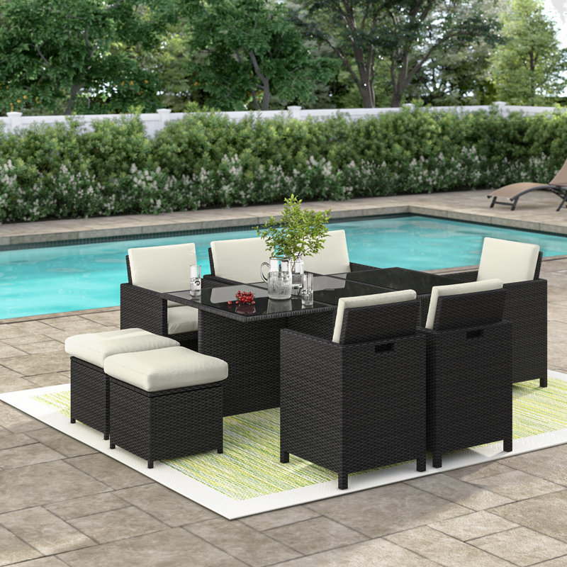 Allexia 10 - Person Wicker Patio Dining Set with Rectangular Table , Cushions Included, Black, Cream