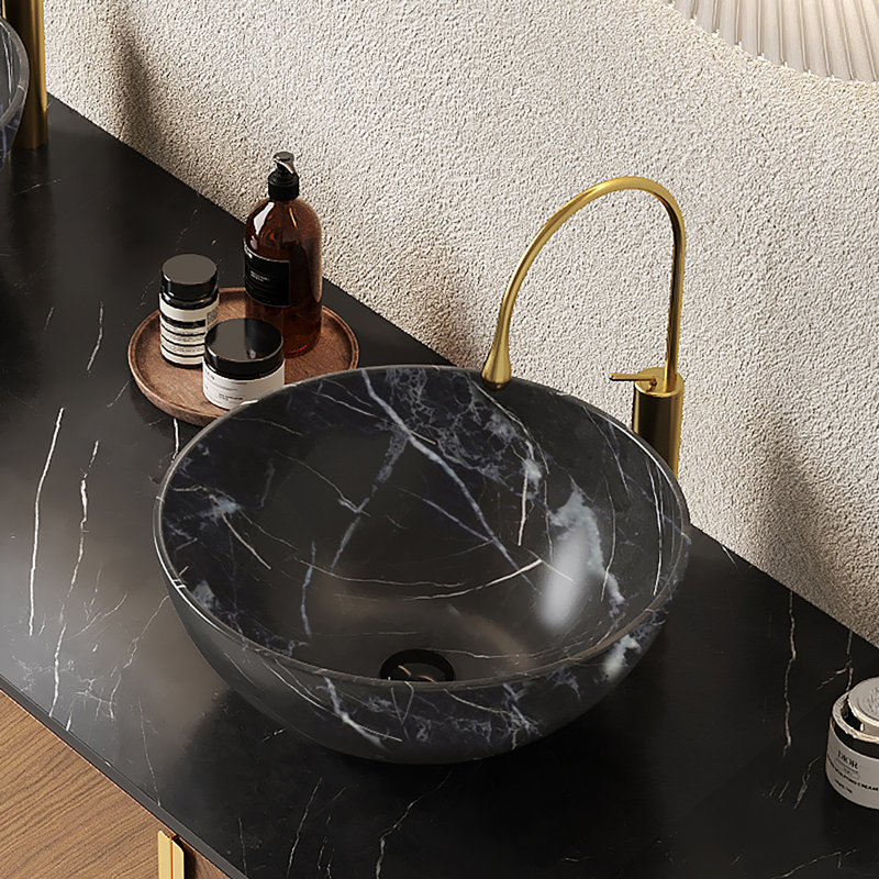 Lavabo de salle de bain en céramique 14 "avec motif de pierre, sans robinet, noir mat 14", Noir