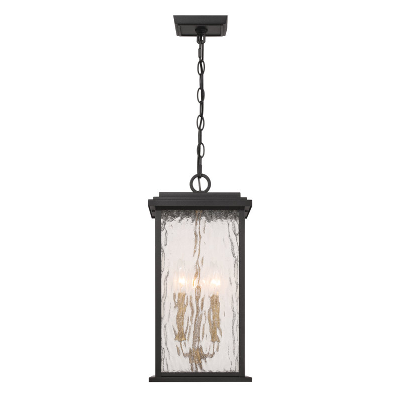 Estate - 3-Light Outdoor Pendant - Black with Brass Accent - Rain Glassware Shade