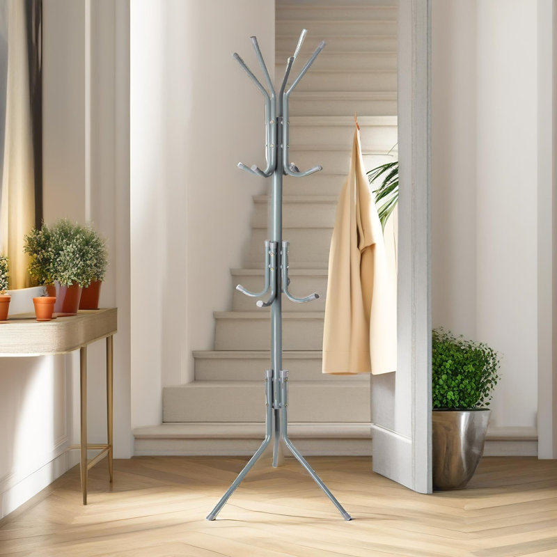 Metal Freestanding 12- Hook Coat Stand, Hat Stand, Entryway Hallway Furniture