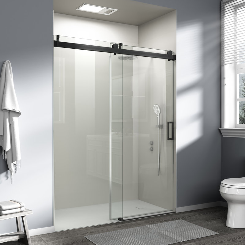 56"-60" W x 76" H Frameless Shower Door Soft-closing Single Sliding Tempered Glass with Explosion-proof Coating, Matte Black