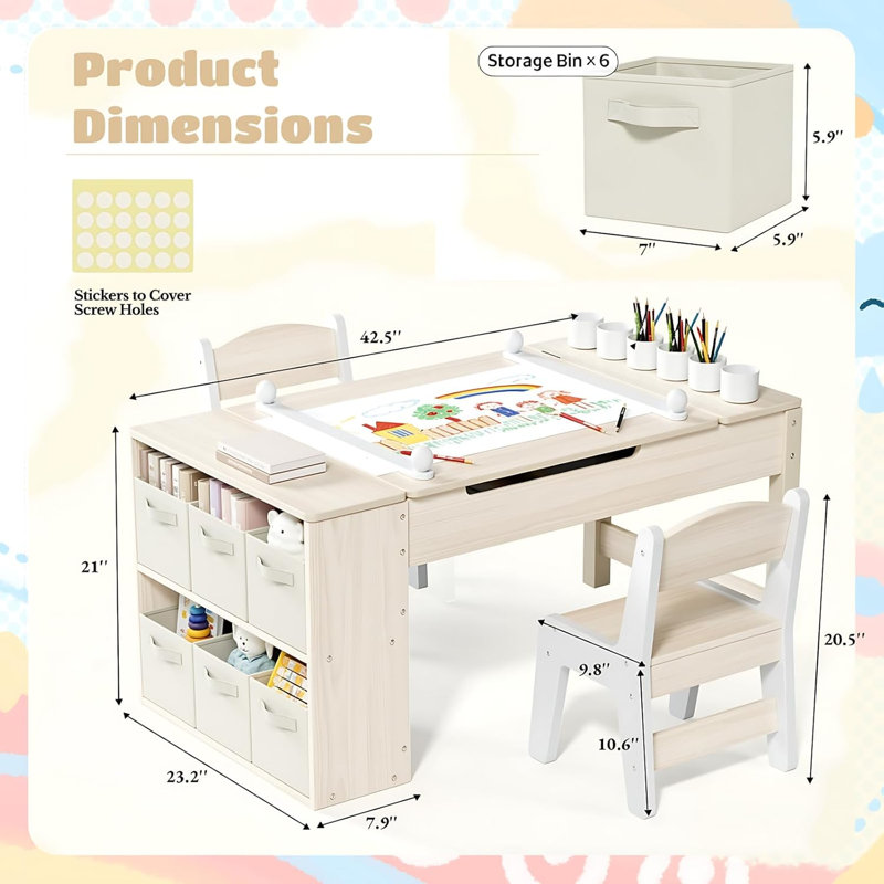 Philippe Kids Art Table & Chair Set, 3-in-1 Wooden Activity Craft Table with 2 Chairs, Large Storage Bins, Paper Roll Holder & Paint Cups, Toddler Drawing Painting Play Desk for Home Classroom Daycare