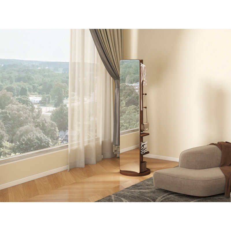 360° Rotating Multifunctional Full Length Mirror With Hook Storage Rack Coat Rack With Mirror Solid Wood Floor Mirror Bedroom Living Room Cloakroom Space Saving