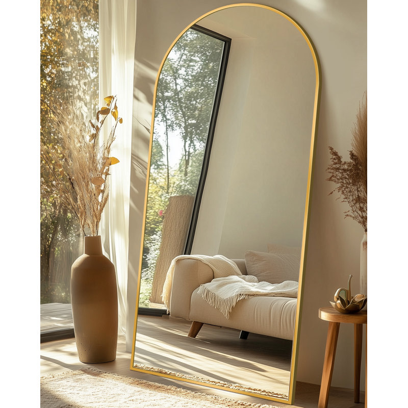 Arched Black Floor Mirror With Stand, 38x77 Inch Freestanding Full Body Mirror For Bedroom, Gold, 71" x 30"