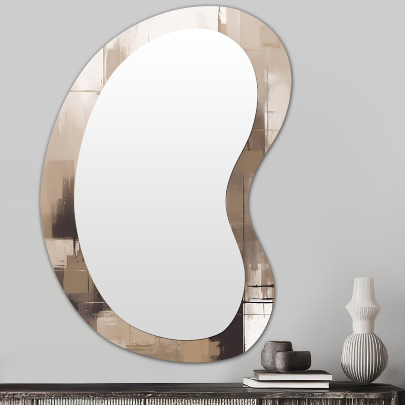 Ansgar Cubism Beige Synergy - Abstract Unique Shape Decorative Wall Mirror, Beige Asymmetrical Large Mirror, Printed Metal Art