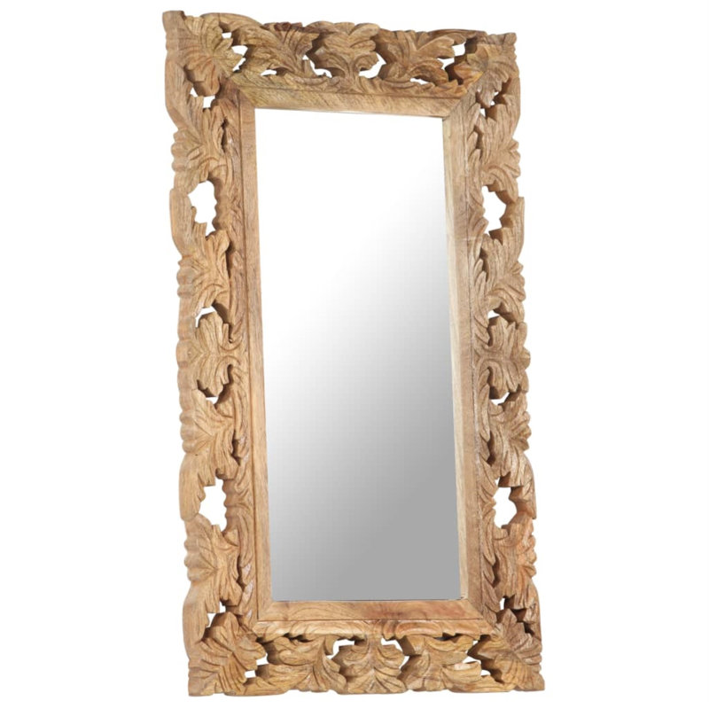 Decorative Mirror Wall Bathroom Mirror Solid Mango Wood Hand Carved, Brown, 31.5" x 19.7" x 1"