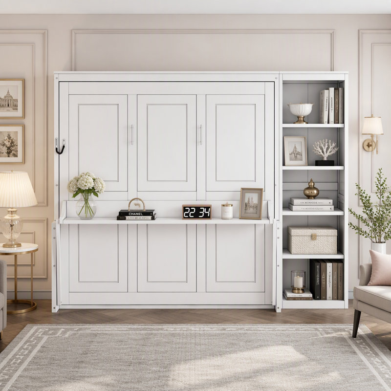 Grand lit escamotable avec bureau et bibliothèque, Grand lit, Blanc