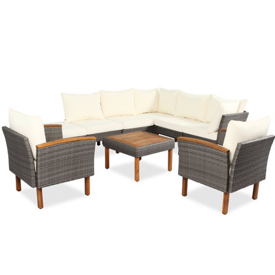 Patio 9 - Bois, coussins beiges, PE, espace de conversation extérieur, pieds, rajeunissement