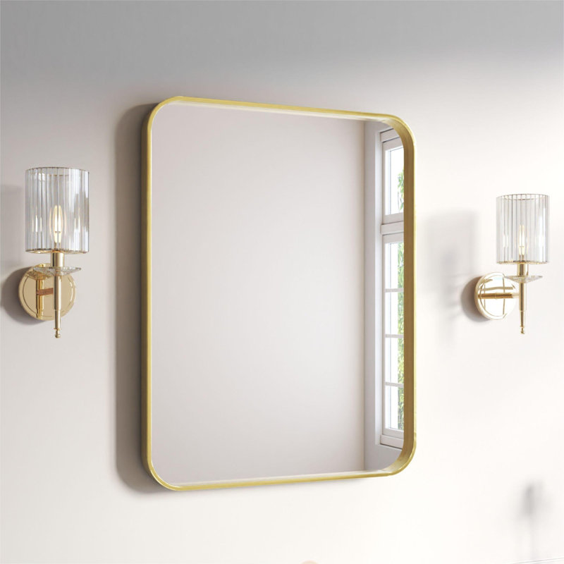 Élégant miroir encadré en aluminium avec coin arrondi pour une décoration intérieure élégante, Or brossé, Rectangulaire