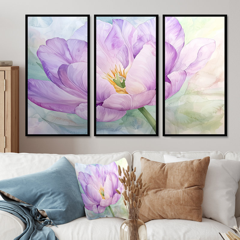 Ensemble de salon d'été avec tulipe mauve II, 28" H x 36" W, Reproduction avec cadre flottant, Black