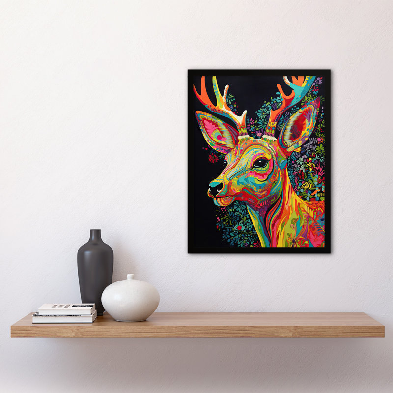 Brehana Reindeer Rainbow Abstract Floral Pattern Stag Head Vibrant - Single Picture Frame Print