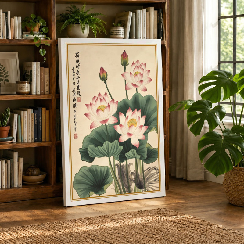 Lotus in Bloom Botanical - Wrapped Canvas, 24x16 - 61.0 x 40.6 cm, Terracotta Border
