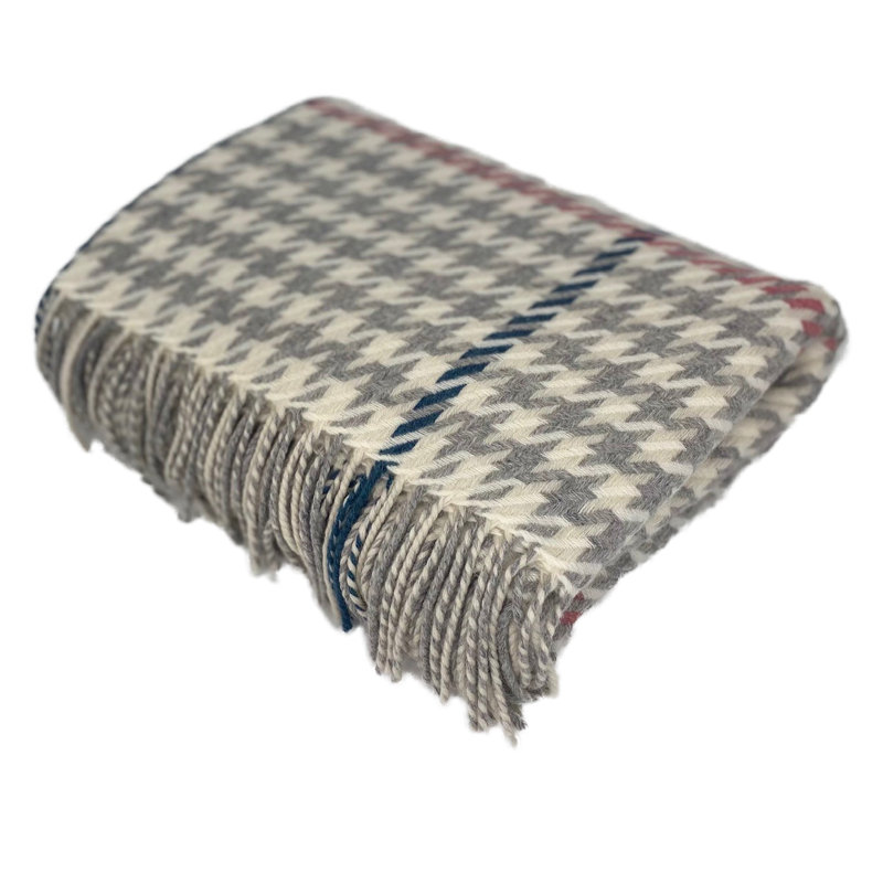 Merino Lambswool Throw/Blankets Hand Woven Blanket, Beige/Silver Houndstooth