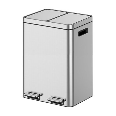 2 x 4 Gal (2 x 15L) Trash Can, Stainless Steel Triple Compartment Step-On Recycling Bin with Soft-Close Lids & Removable Plastic Inner Buckets for Kitchen, Home, Office