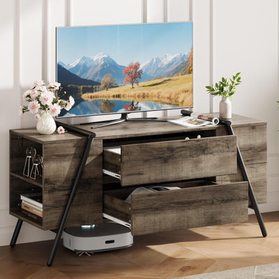 47 inch Modern Farmhouse TV Stand Entertainment Center with 2 Drawers Adjustable Shelves U-Shaped Metal Legs Wooden Media Console Retro Gray