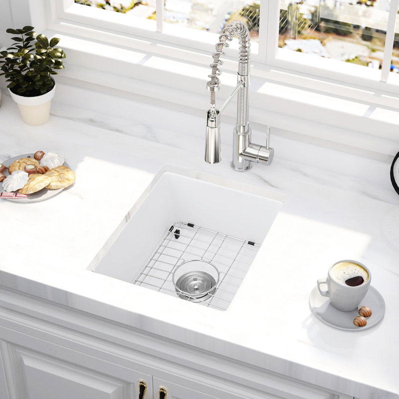 White Quartz Bar Sink - 18" Length X 16" Width Stain & Construction With Grid Heat 18"X16" Scratch Functional Design Bottom And Strainer