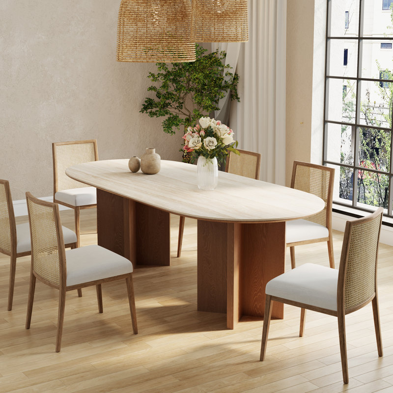 Modern 71" Retangular Dining Table for 6, Solid Wood Legs, Stone Table-top