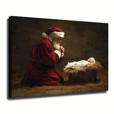 Santa Kneeling In Prayer Beside Baby Jesus Nativity Scene, Large Gallery Wrapped Canvas Wall Art Print For Living Room Bedroom